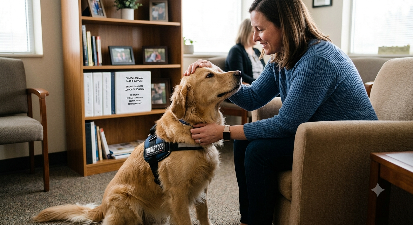 A person gently petting a golden retriever, symbolizing the comfort and support provided by clinical support animals, with a document subtly in the background.