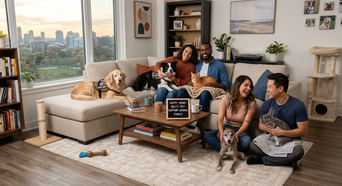 A diverse group of pets, including a dog and a cat, happily coexisting in a new, modern apartment living room with their owners, symbolizing successful multi-pet housing with support animals.