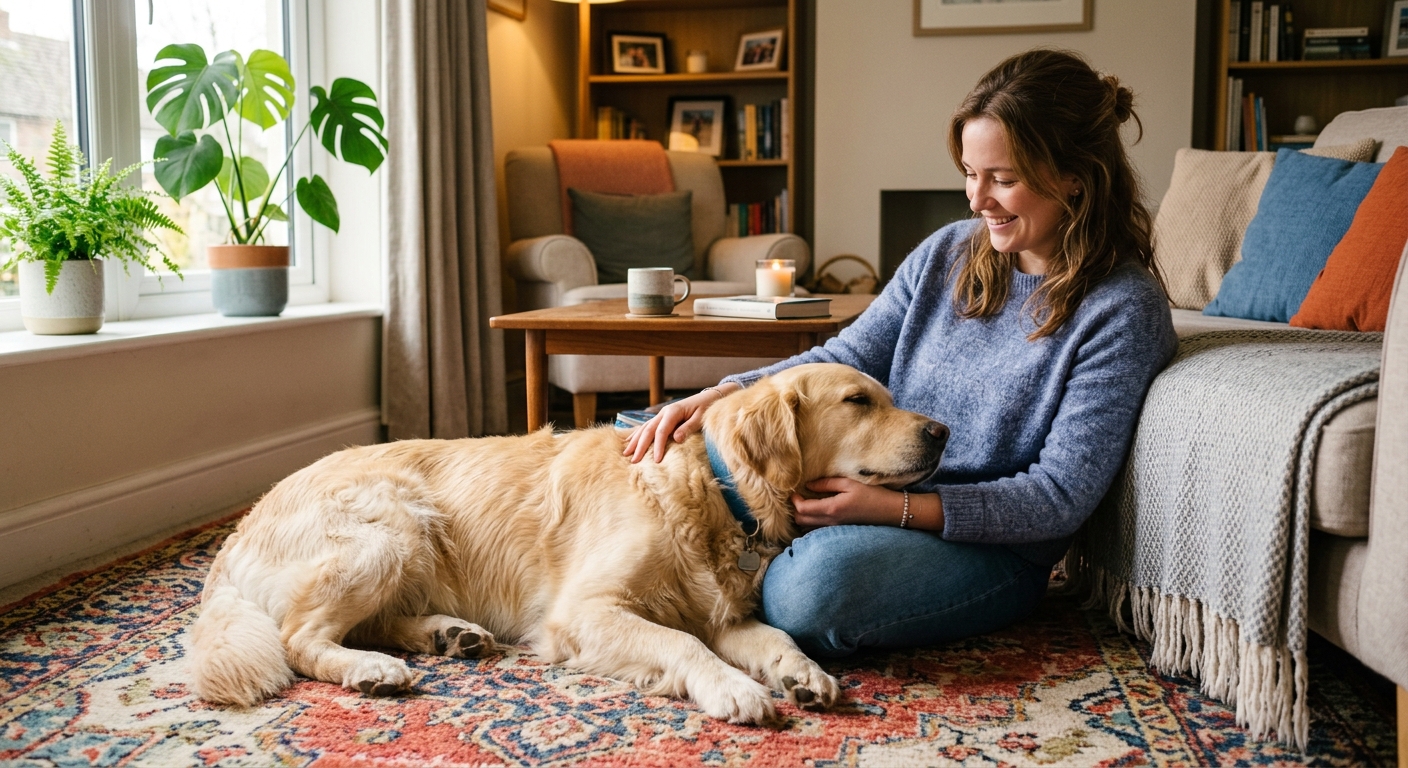 A comforting golden retriever rests beside its owner on a living room rug, illustrating the support provided by an emotional support animal in a home setting.