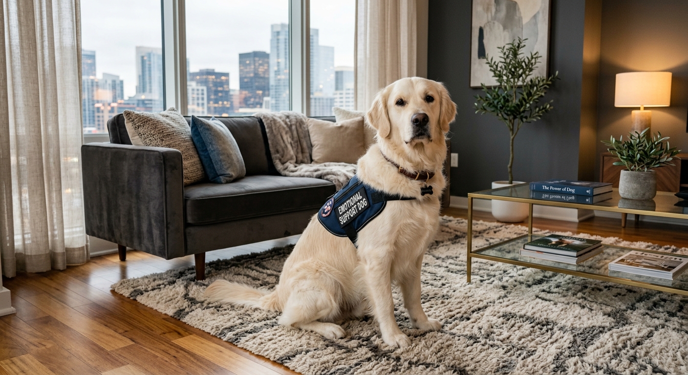 A well-groomed emotional support dog sitting calmly on a plush rug in a modern, luxurious apartment living room.