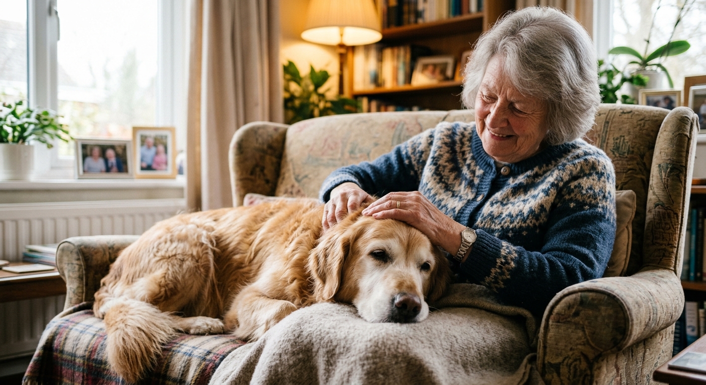 An elderly woman gently petting a senior golden retriever lying contentedly on her lap, both looking peaceful.