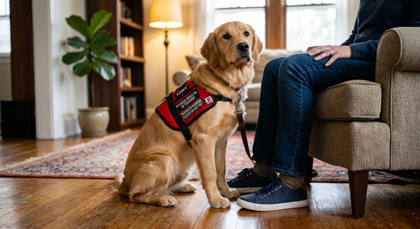 A young, focused Psychiatric Service Dog in training wearing a service vest, calmly sitting indoors next to its owner's feet.