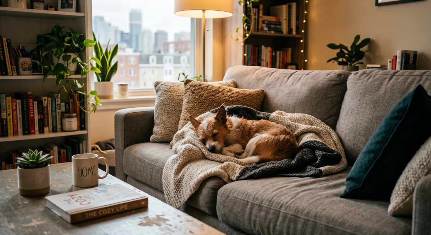 A small dog comfortably curled up on a couch in a cozy apartment, symbolizing companionship and support in confined living spaces.