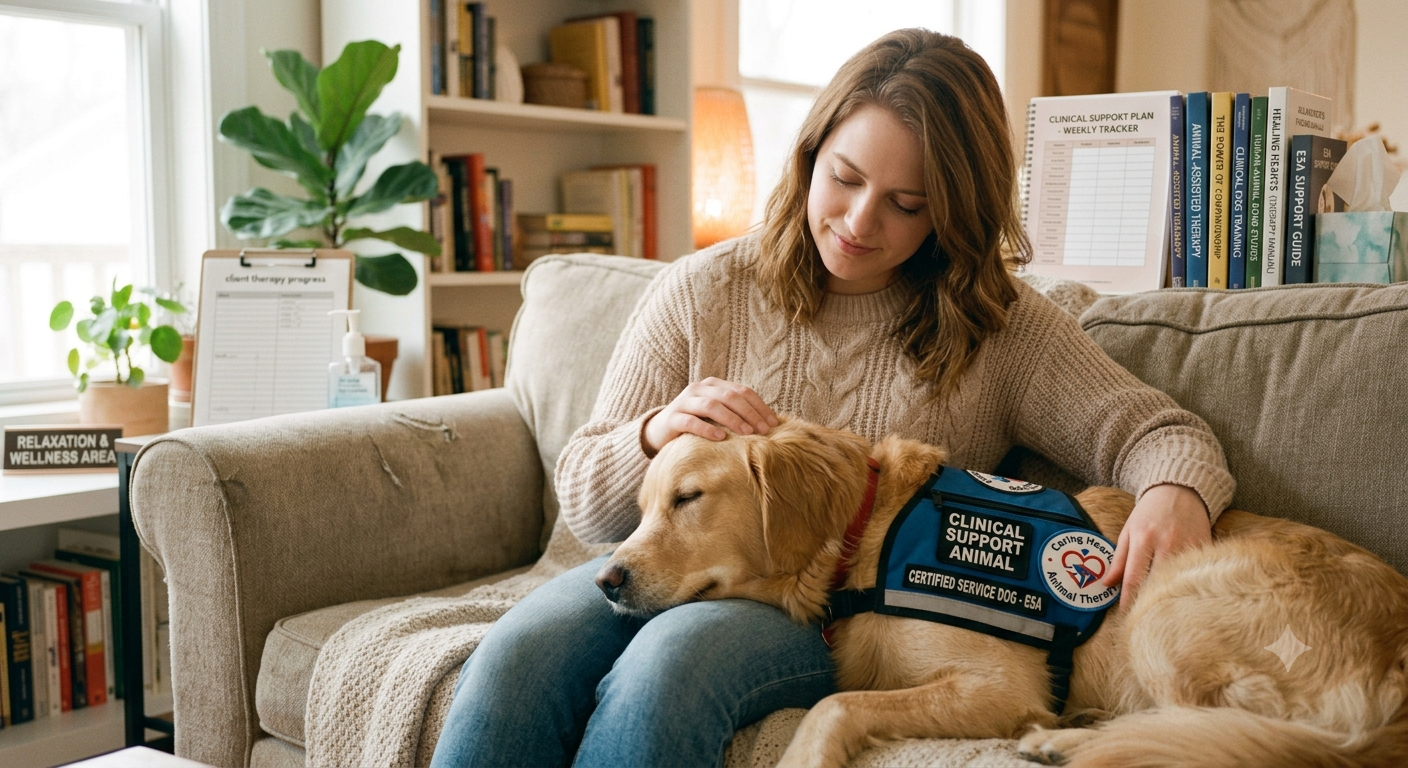 A person gently petting a dog on a couch, illustrating comfort and companionship provided by a clinical support animal in a home setting.