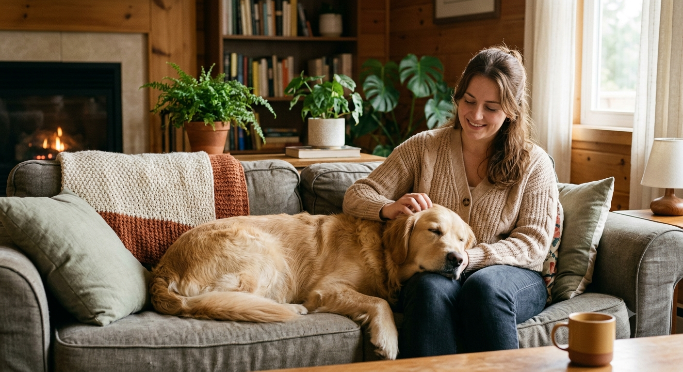 A person gently petting a calm dog or cat on a sofa in a cozy, peaceful living room, illustrating the soothing presence of an emotional support animal.